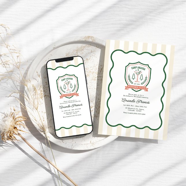 Camp Brud Sommar Klubb Preppar Möhippa Helg Inbjudningar (Camp Bride Summer Club Preppy Bachelorette Weekend Invitation)