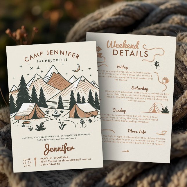 Camp Camping Glamping 3-dagars Bachelorette Party Inbjudningar (camp bachelorette invitation itinerary earthy terracotta hand drawn bach camping glamping)