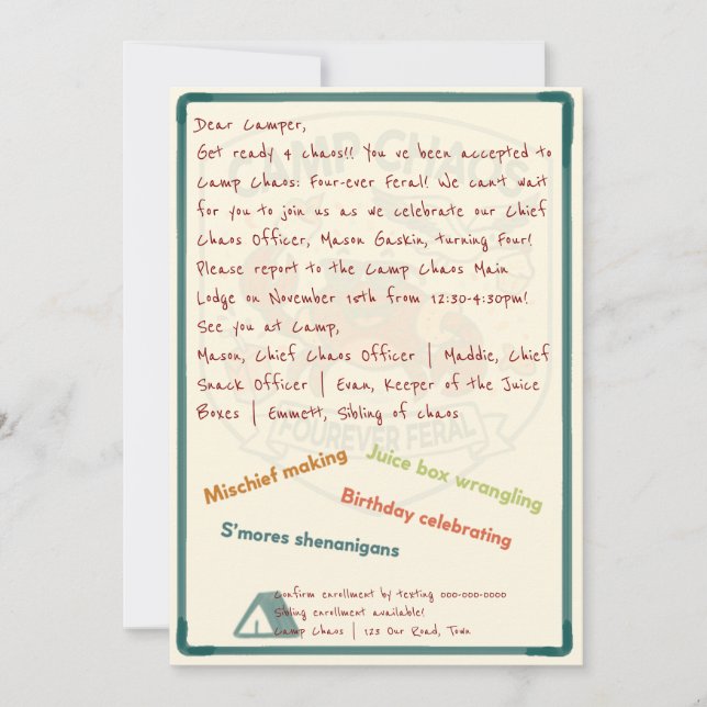 Camp Chaos: Forever Feral 4-års födelsedinladning Inbjudningar (Framsida)