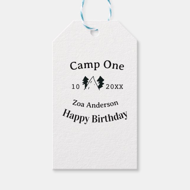 Camp en glad födelsedag namn datum campingäventyr presentetikett (Framsidan)
