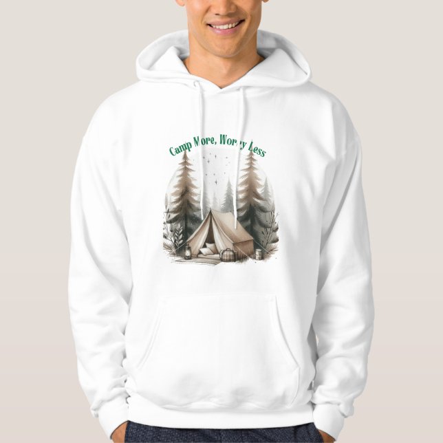 Camp More, Worry Less – Tent Art in the Woods Hoodie (Framsida)