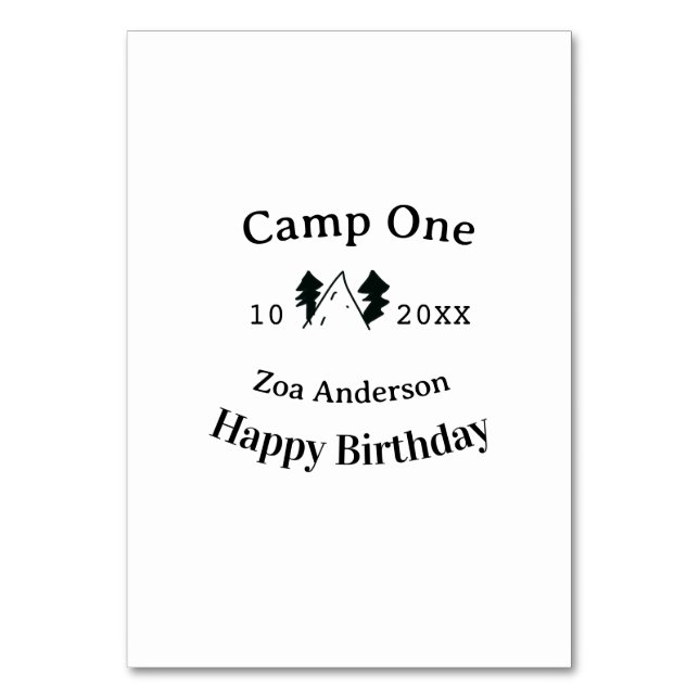 Camp one happy birthday name date campingadventure bordsnummer (Framsidan)