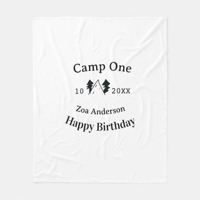 Camp one happy birthday name date campingadventure fleecefilt (Framsidan)