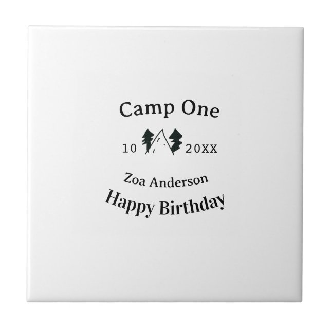 Camp one happy birthday name date campingadventure kakelplatta (Framsidan)