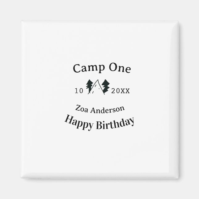 Camp one happy birthday name date campingadventure magnet (Framsidan)