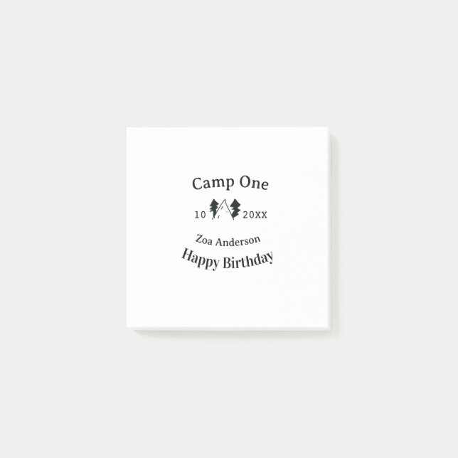 Camp one happy birthday name date campingadventure post-it block (Framsida)