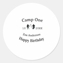 Camp one happy birthday name date campingadventure runt klistermärke