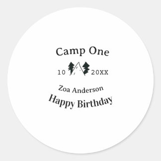 Camp one happy birthday name date campingadventure runt klistermärke