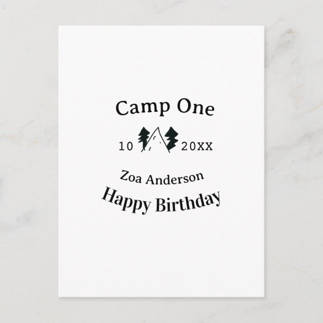 Camp one happy birthday name date campingadventure vykort (Framsida)