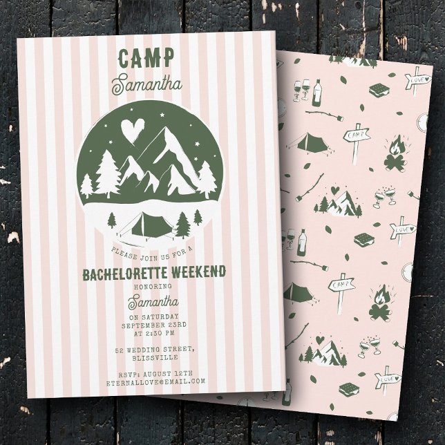 Camp Sängkammarfest Campa Helg Pink  Inbjudningar (Camp Bachelorette Party Camping Bach Weekend Pink Invitation)