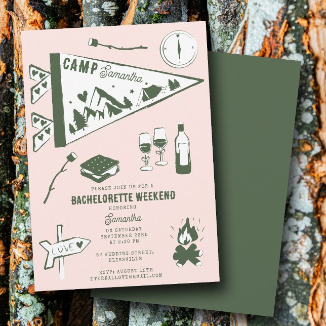 Camp Sistaminnefest Firande Camping Bakhelgs Rosa Inbjudningar (Camp Bachelorette Party Camping Bach Weekend Pink Invitation)