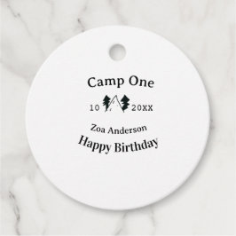 Campa en glad födelsedag namn datum campingäventyr gåvor etiketter