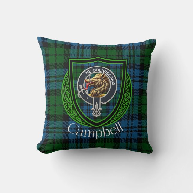 Campbell skotska klan tartan och vapensköld kudde (Framsida)