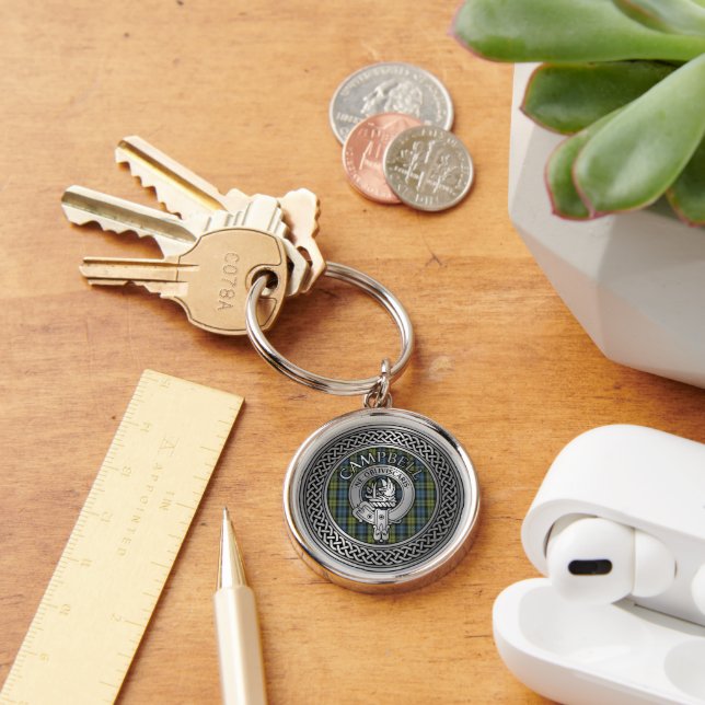 Campbell Vapensköld & Tartan Knot Keychain Rund Silverfärgad Nyckelring (Skrivbord)