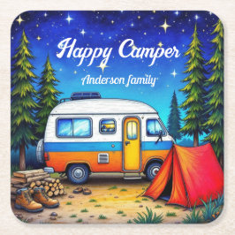 Camper Camping Blue Grönt Natature Watercolor Underlägg Papper Kvadrat