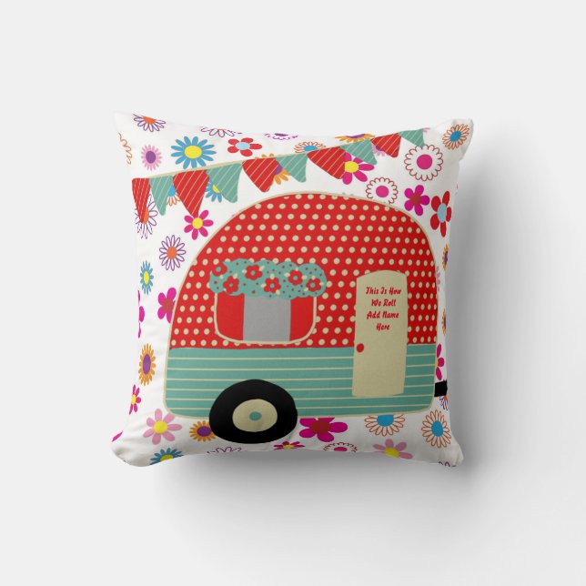 Camper Caravan Ord Retro Red Grönt Anpassningsbar Kudde (Framsida)