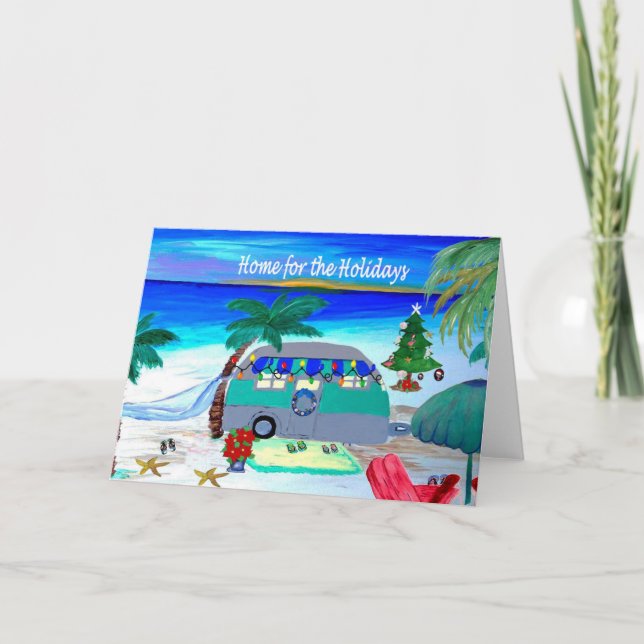 Camper Christmas cards by the beach Helgkort (Framsida)