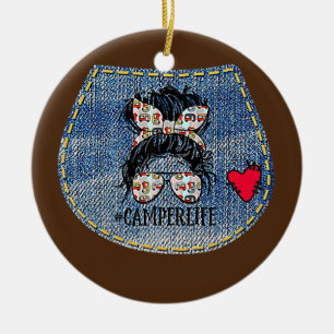 Camper Life Messy Bun Mors dag Camping Älskare Julgransprydnad Keramik