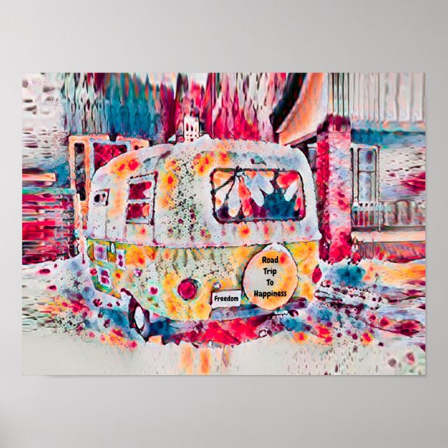 Camper Retro Hippie Road Resa till lycka Frihet Poster (Framsidan)