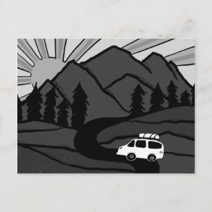 Campervan Mountains Vanlife RV Sunrise B&W Vykort