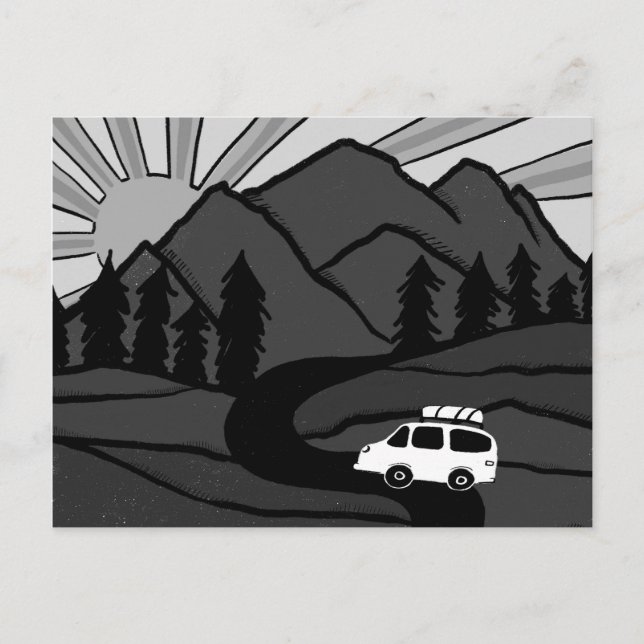 Campervan Mountains Vanlife RV Sunrise B&W Vykort (Framsida)