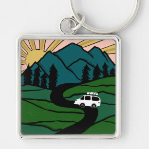 Campervan Mountains Vanlife RV Sunrise Fyrkantig Silverfärgad Nyckelring