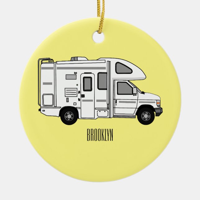 Campervan tecknad illustration julgransprydnad keramik (Framsidan)