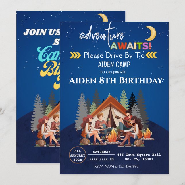 CAMPFIRE BIRTHDAY BASH, KAMPING PÅ MOUNTAINER INBJUDNINGAR (Fram/baksida)