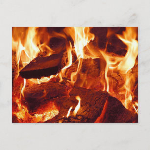 Campfire Blazing, Wood Burning, Flames, Close-up Vykort