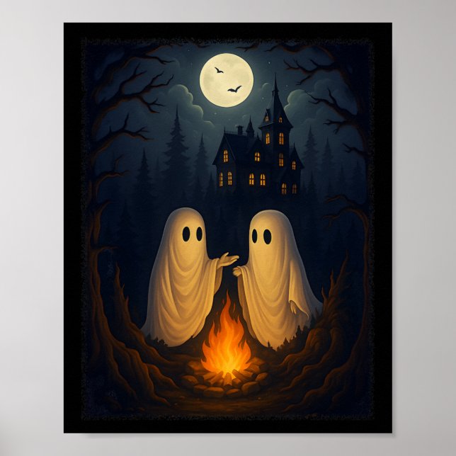Campfire Ghost Shirt Haunted Forest Bonfire Cute Poster (Framsidan)
