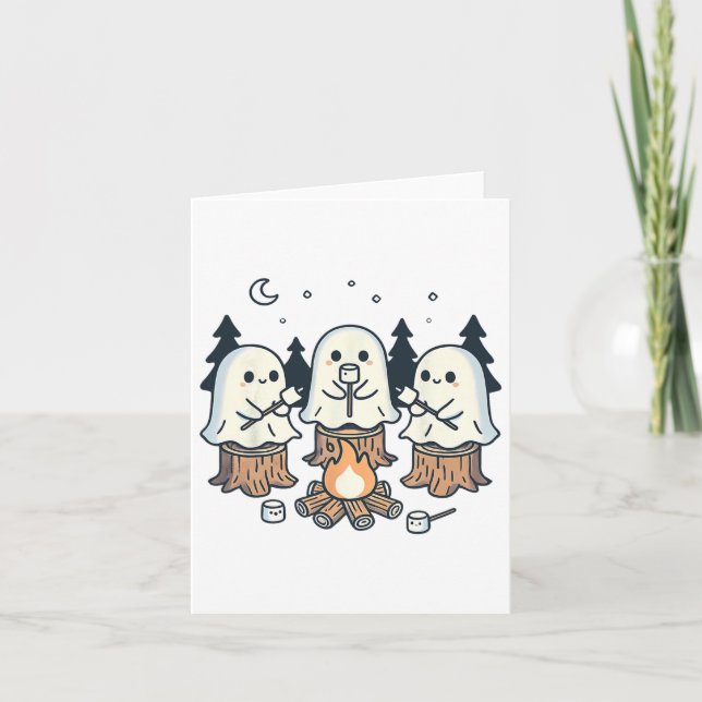 Campfire Ghost Spooky Marshmallow Halloween Bonfir Kort (Framsida)