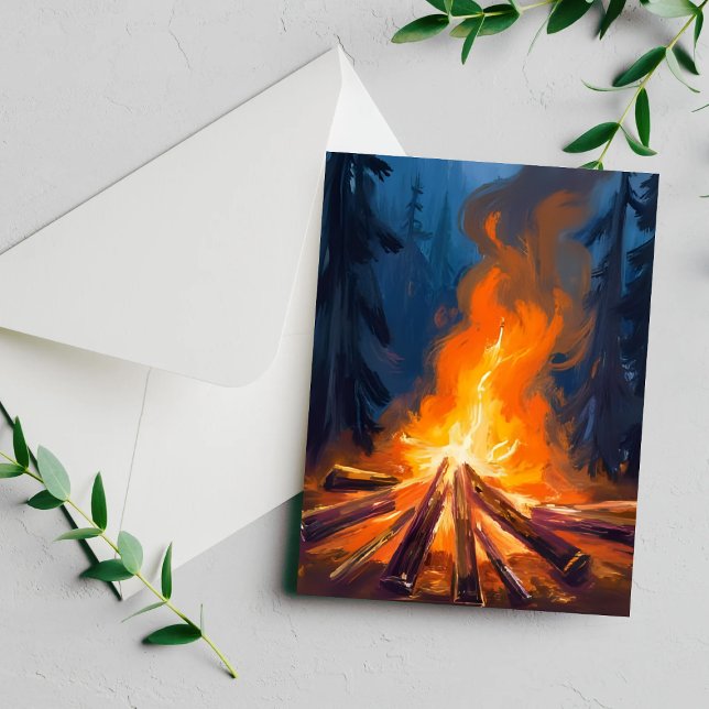 Campfire Watercolor Forest Painting Card (Skapare uppladdad)