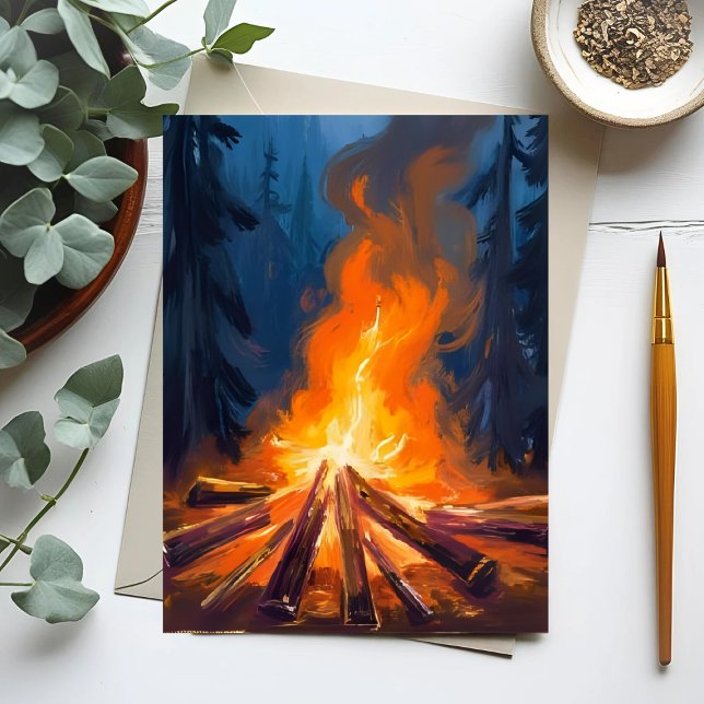 Campfire Watercolor Forest Painting Vykort (Skapare uppladdad)