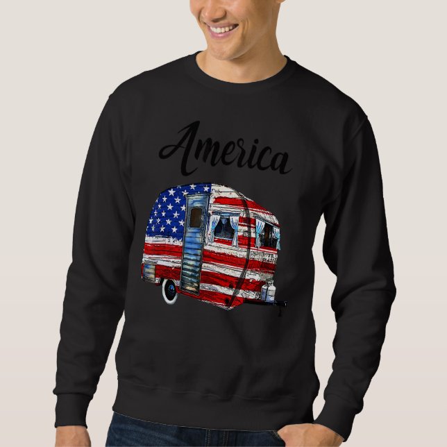 Camping American Flagga Outdoor Lång Ärmad Tröja (Framsida)