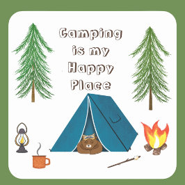 Camping är min Lycklig Ställe Bear Square Sticker Fyrkantigt Klistermärke