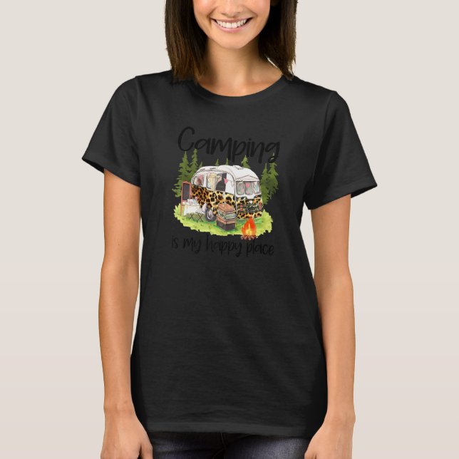 Camping är min Roligt Lycklig Ställe Leopard Lyckl T Shirt (Framsida)