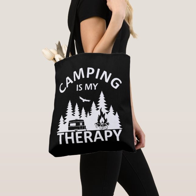 Camping är min terapeutiska slogan med en lustig k tygkasse (Närbild)
