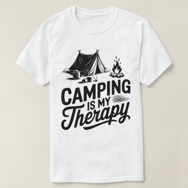 Camping är min terapi Tält Campfire-grafik T Shirt (Design framsida)