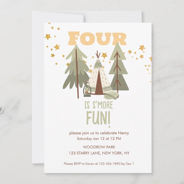 Camping Äventyr S'more Fjärde födelsedagen Inbjudningar (Framsida)