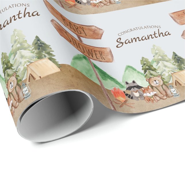 Camping Baby Shower for Cute Woodland Forest Anima Presentpapper (Rullad Hörn)