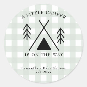 Camping baby shower på svenska runt klistermärke
