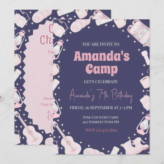 Camping Backpack Girl Birthday-inbjudan Inbjudningar (Fram/baksida)