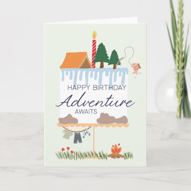 Camping Birthday Card: Adventure Awaits, Outdoorsy Kort (Framsida)