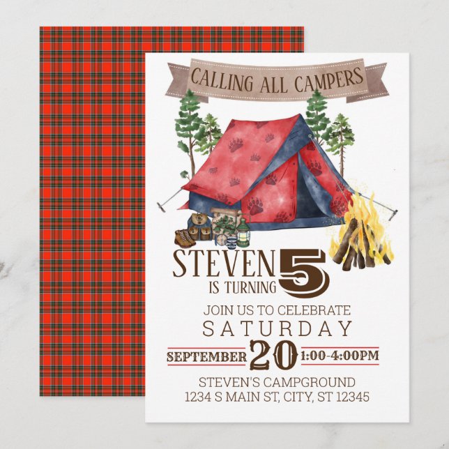 Camping Birthday Inbjudningar (Fram/baksida)