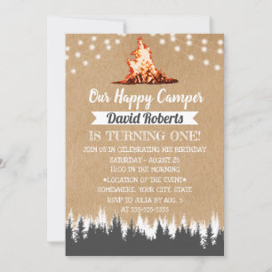 Camping Bonfire Lycklig Camper Rustic Kraft Birthd Inbjudningar