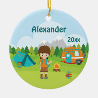 Camping Boy Fire Camper Tält-ryggsäck Brown Julgransprydnad Keramik