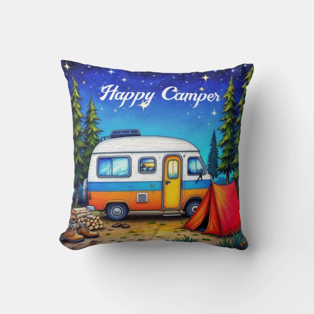 Camping Campervan Watercolor Nature Kudde (Framsida)