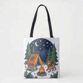 Camping Cat & Dog | Mysig lägereld natt himmel Tygkasse