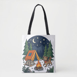 Camping Cat & Dog Mysig lägereld natt himmel Tygkasse