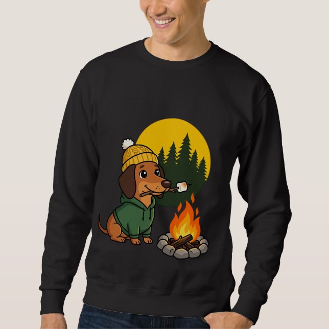 Camping Dachshund som grillar Marshmallow Lång Ärmad Tröja (Framsida)